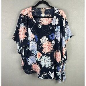 Chico's Top Women L/XL Black Pink Floral Asymmetrical Hem Kimono Sleeve Flowy